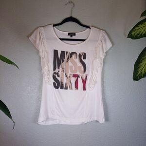 Miss Sixty Vintage Y2K Flutter Cap Sleeve White Logo Indie Sleeze Rocker Top L